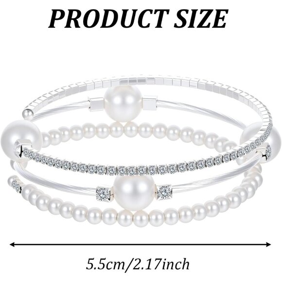 Three-Layer Pearl and Rhinestone Bracelet - Exquisite Silver Stackable Elegance - Picture 2 of 7